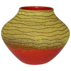 Vintage Italian Art Pottery Raymor Vase Frothy Yellow and Atomic Orange Glaze