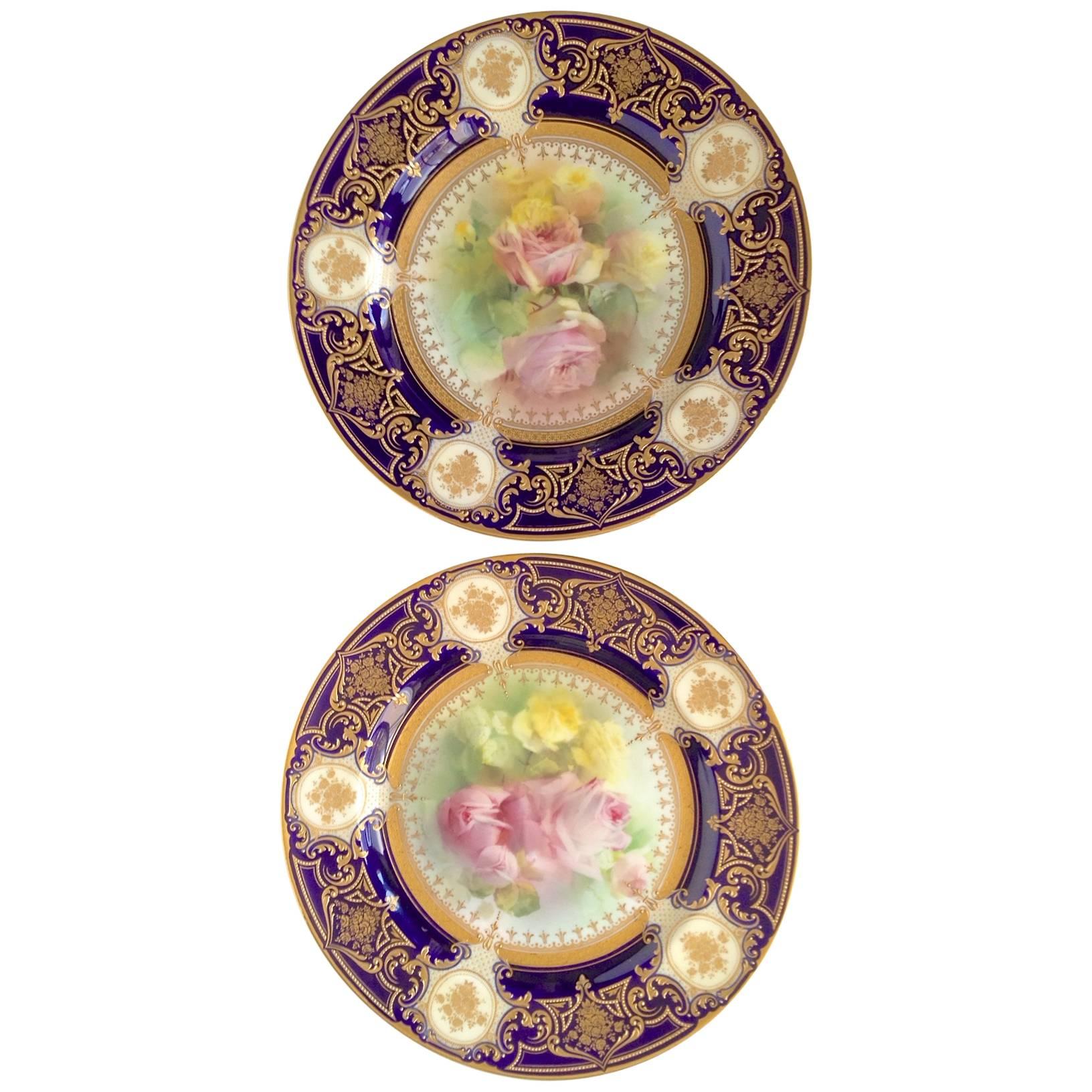 Antique Royal Doulton Rose Plates Signed W. Slater, circa 1920s, Hand-Painted For Sale