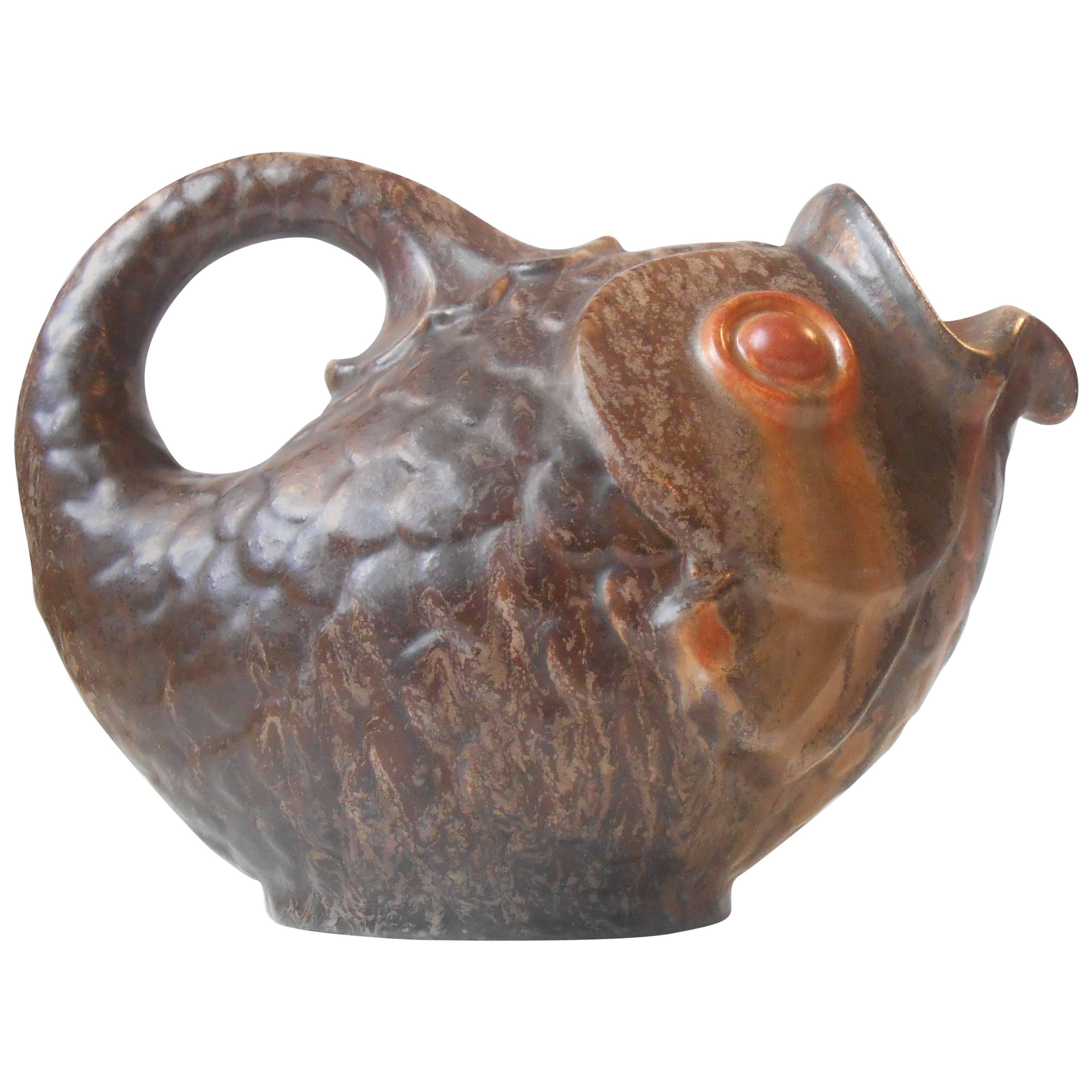 Large Glazed Fish Jug by Michael Andersen & Son, Denmark, circa 1940 For Sale
