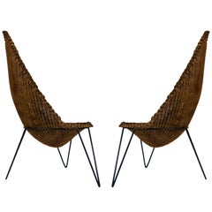 1950 Large and Rare Pair of Rattan Armchairs Attributed to Mathieu Matégot
