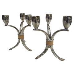 Stainless Steel Pair of Chandeliers Signed by Rogers Bros, USA, 1950