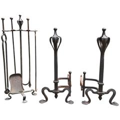 Antique Massive Gothic Revival Andirons and Fireplace Tools