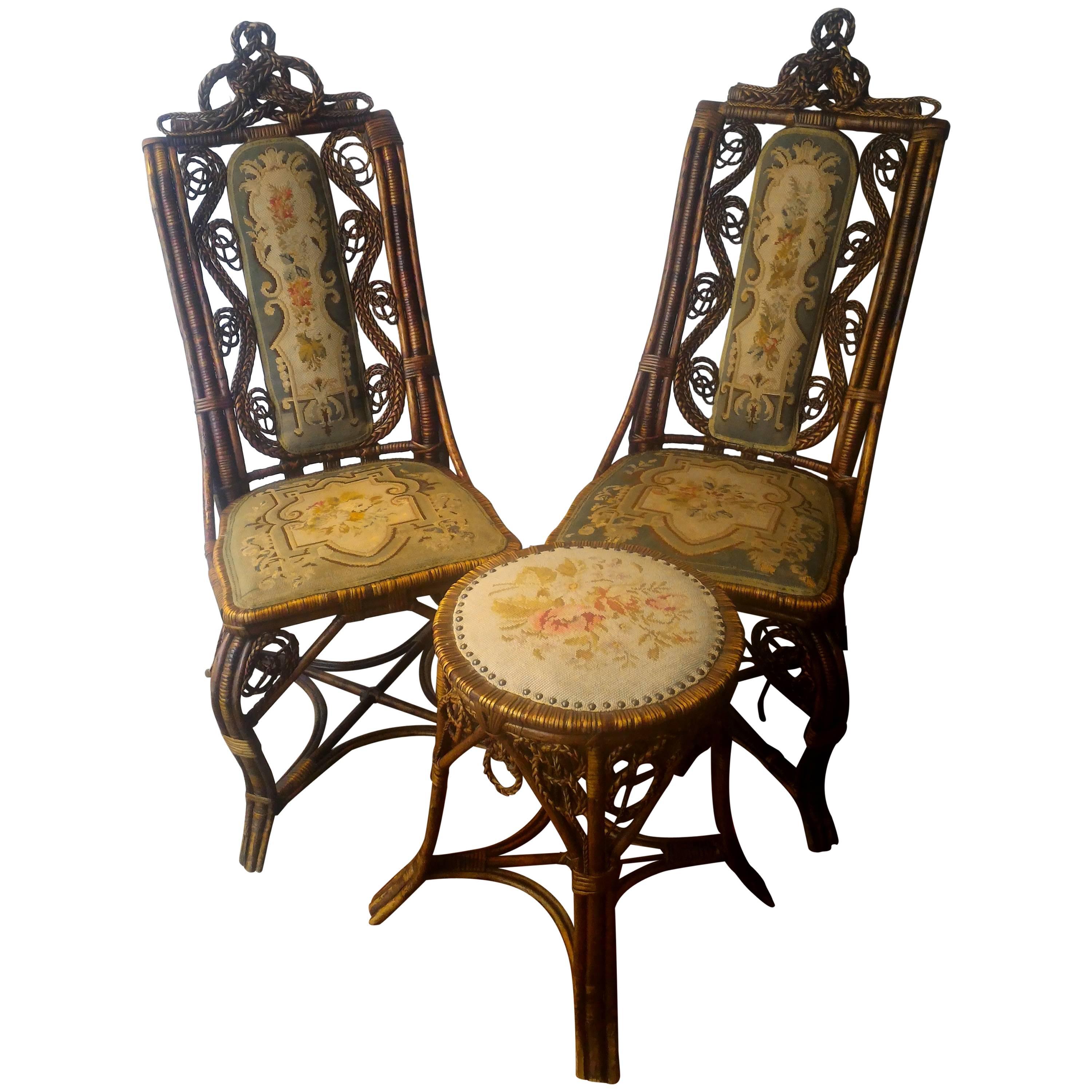 19th Century Black Forest Style, Pair of Large Chairs and Stool with Tapestry