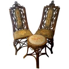 Antique 19th Century Black Forest Style, Pair of Large Chairs and Stool with Tapestry