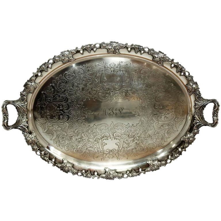 Large Antique English Silver Plate Tray For Sale at 1stdibs