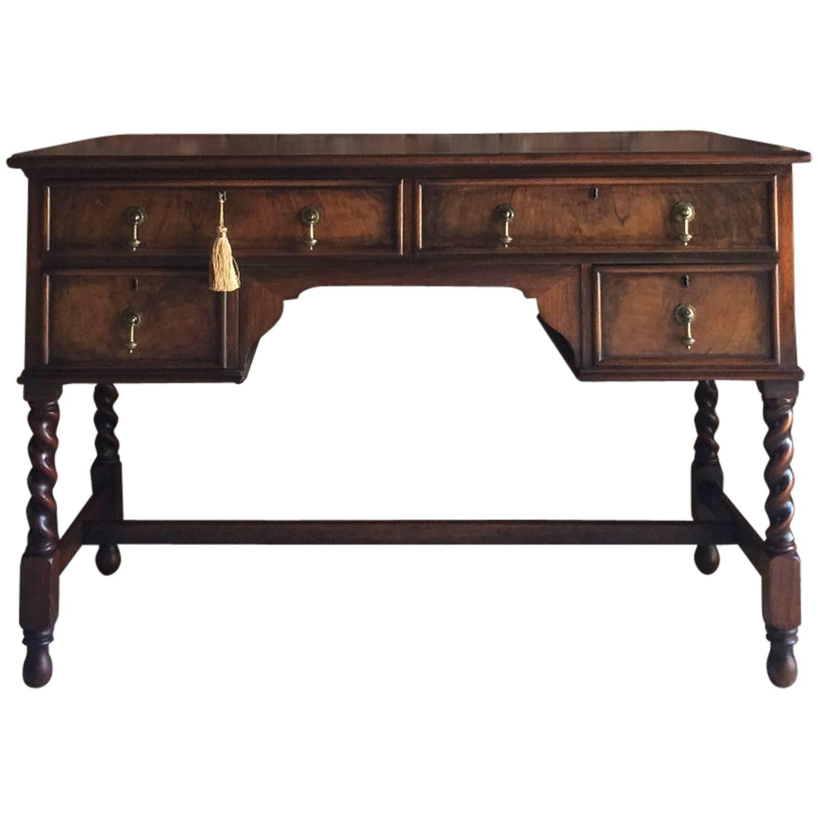Antique Style Desk Writing Table Walnut Leather Top Barley Twist Legs