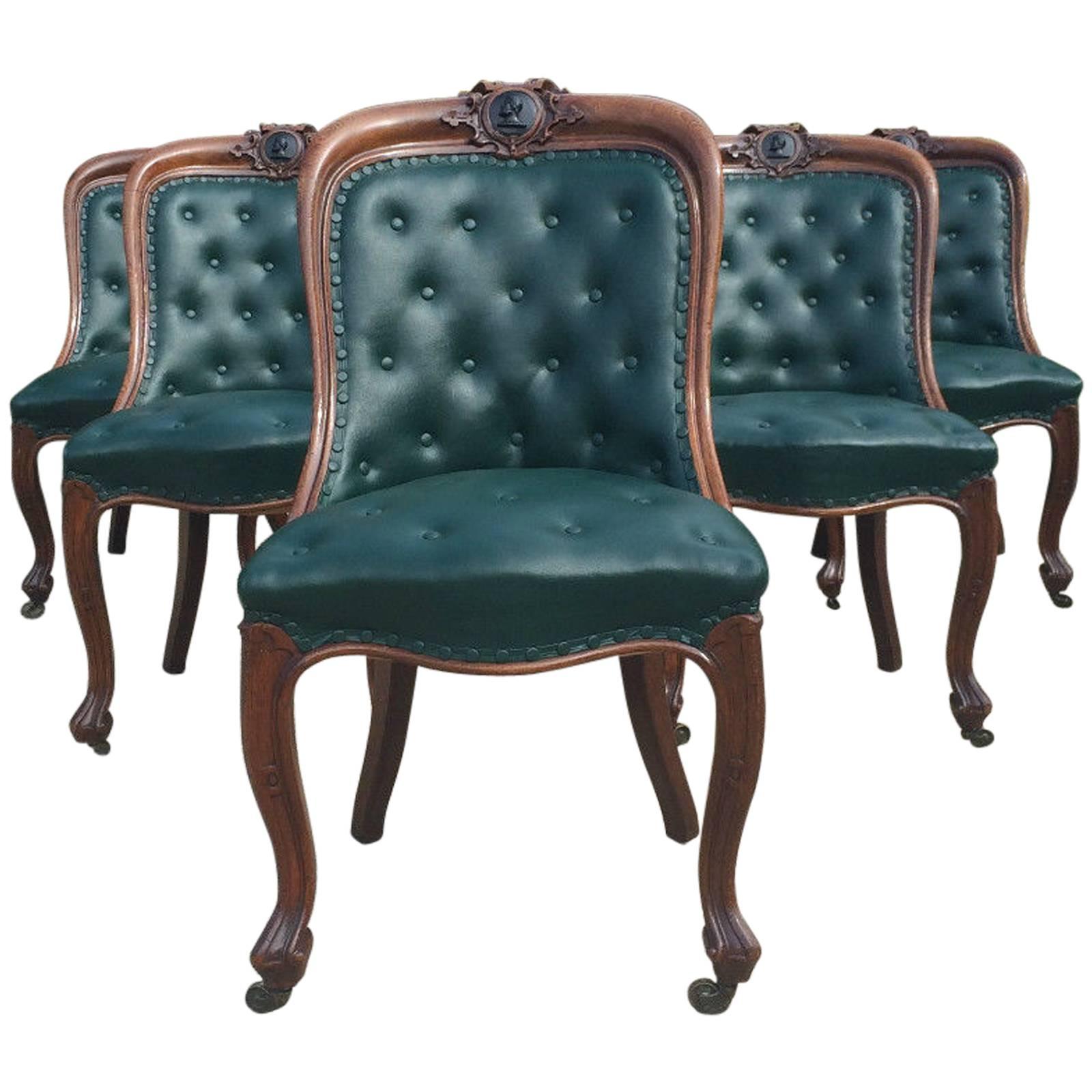 Antique Dining Library Chairs Six Oak Leather, Victorian, 19th Century