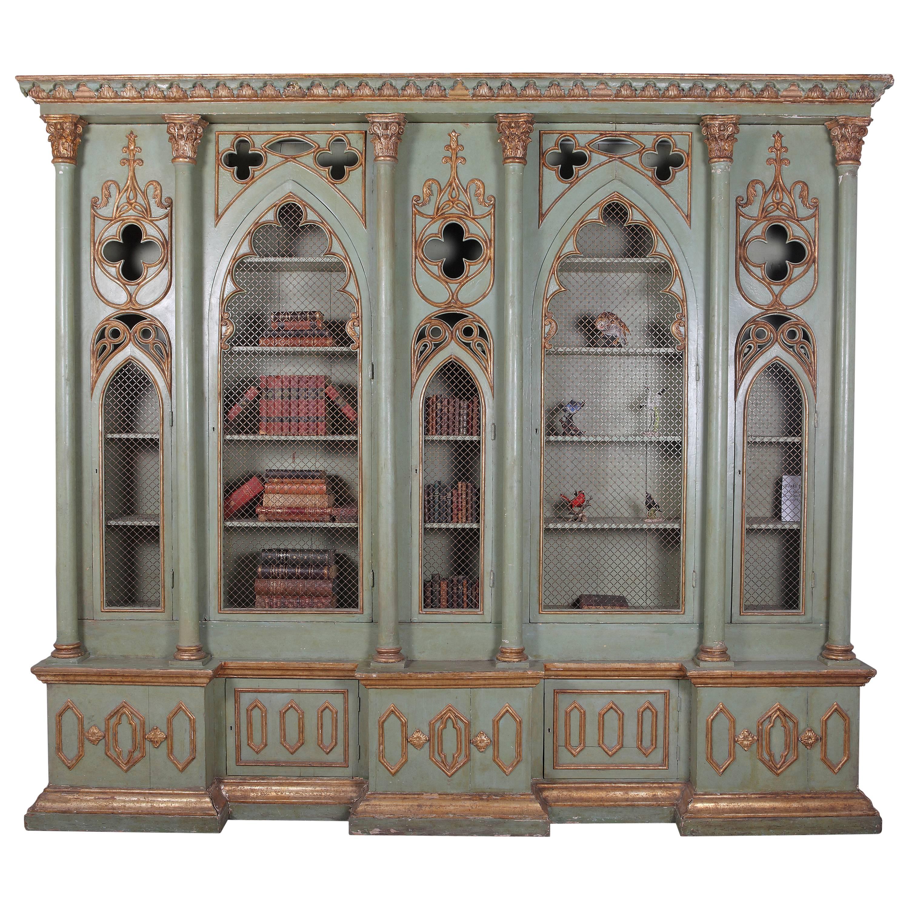 19th Century Antique Italian Gothic Revival Painted and Parcel-Gilt Cabinet