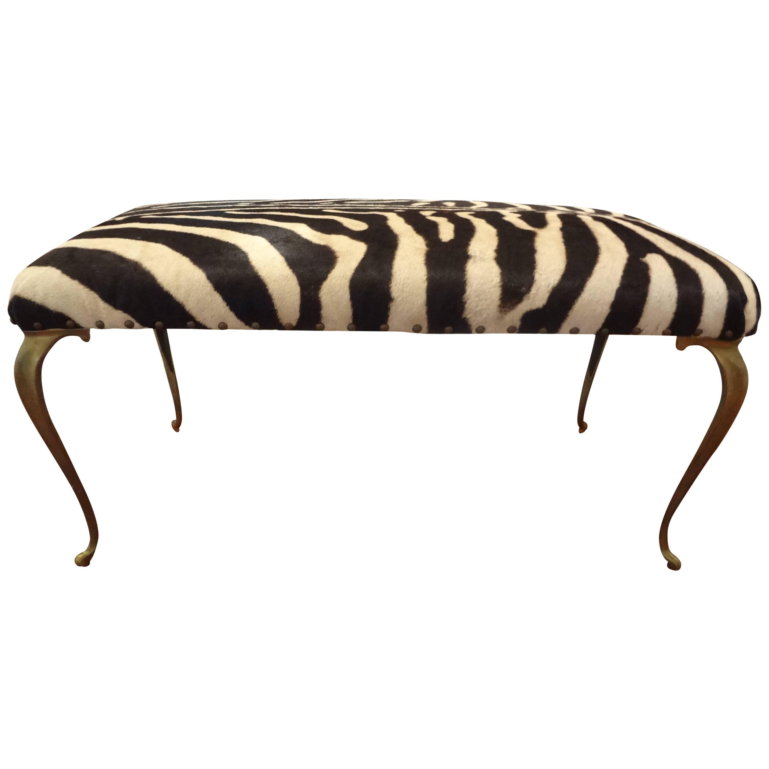 Italian Brass Bench Upholstered in Zebra Hide
