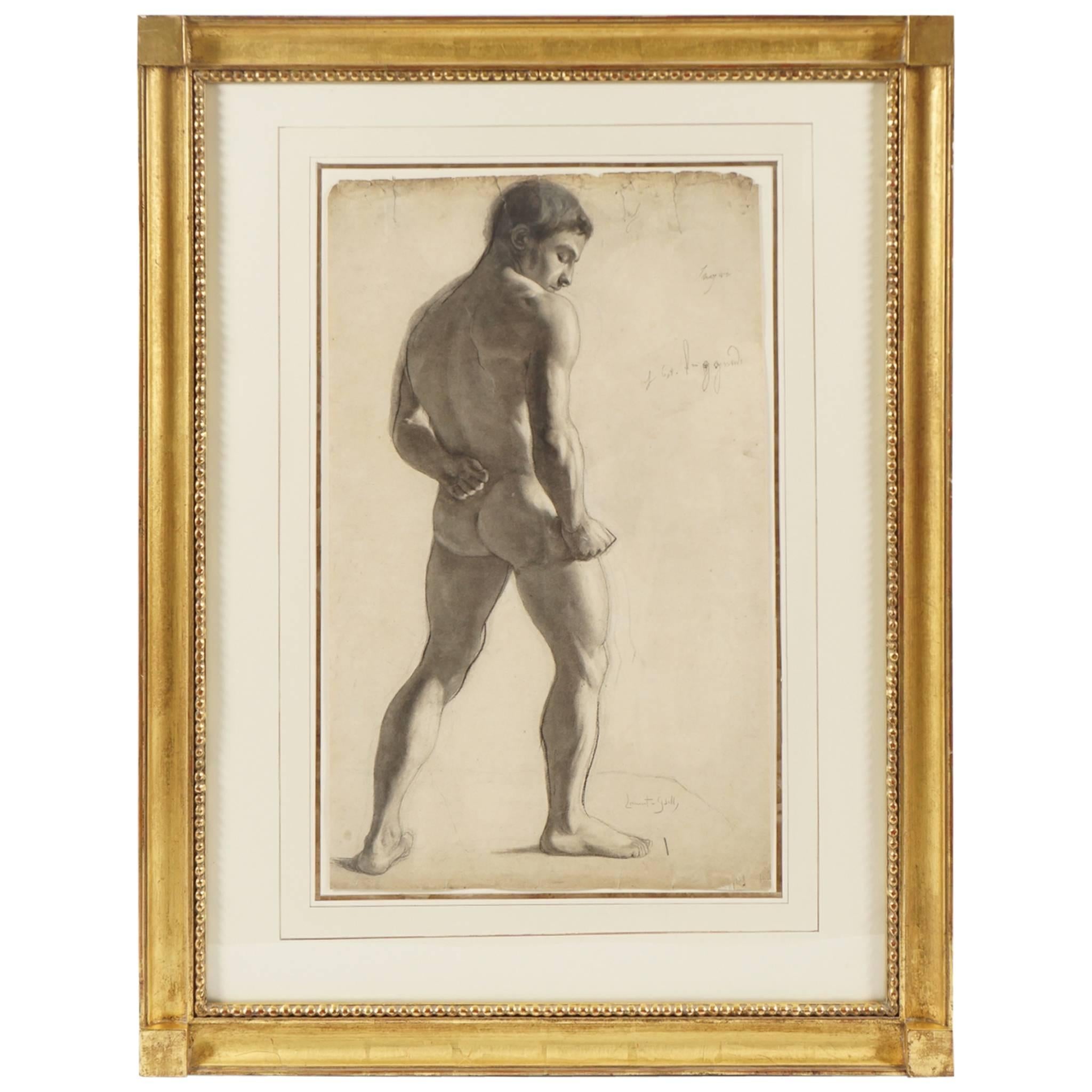 Large Charcoal on Paper Drawing of a Male Nude by Lucien Laurent-Gsell For Sale
