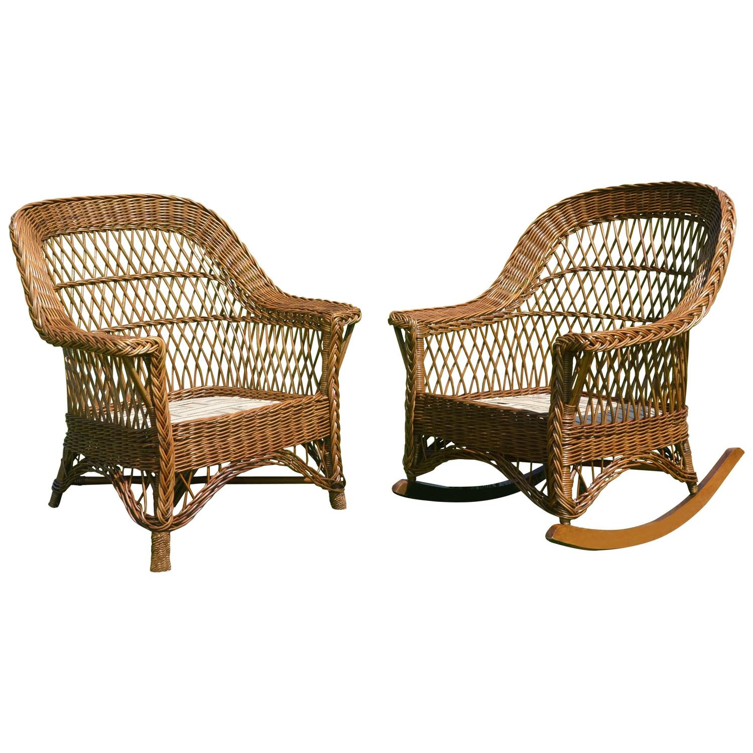 Antique Heywood-Wakefield Bar Harbor Wicker Chair and Rocker Set at 1stdibs