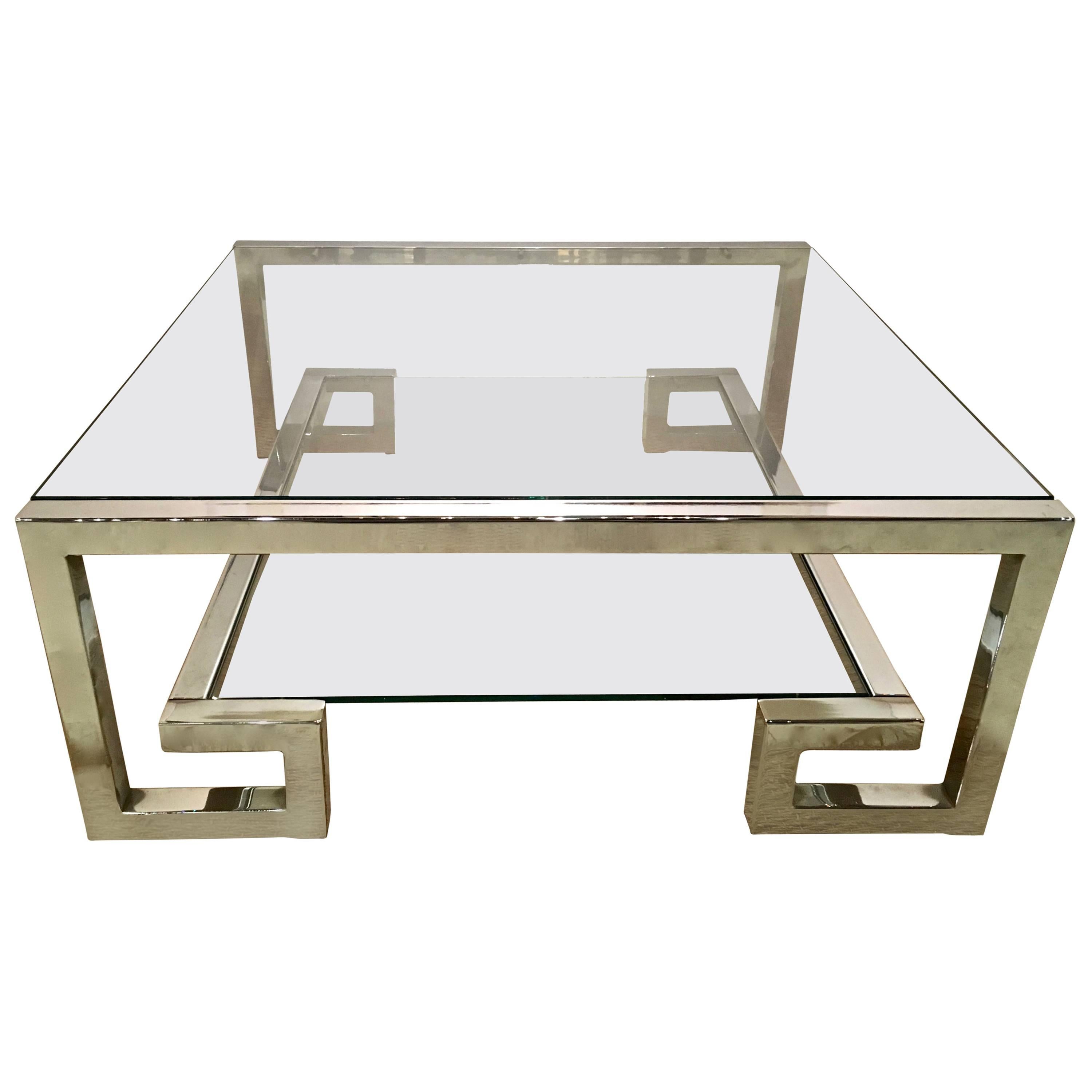 Chrome and Glass Greek Key Coffee Table, Manner of Milo Baughman