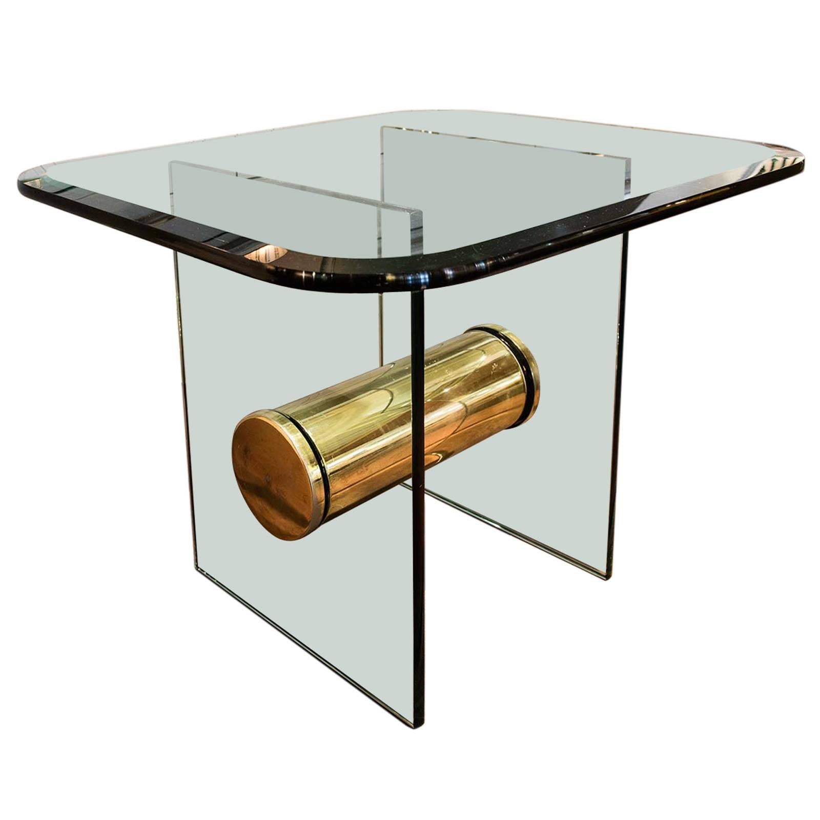 Glass End Table with Gilt Metal Drum in the Style of Karl Springer