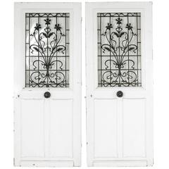 Antique Two French Solid Oak Entry Doors with Art Nouveau Iron Grills, circa 1900