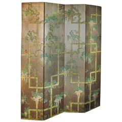 19th Century Four-Panel Painted Screen of Birds and Bamboo