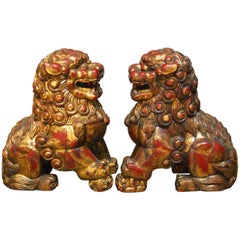 Vintage Pair of Large Chinese Gilt Temple Foo Dogs