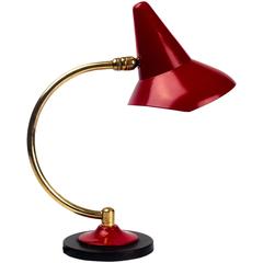 Mid-Century French Lamp with Brass Body and Sculptural Red Shade, 1950s 1