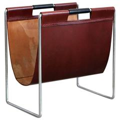 French Cognac Leather and Chrome Magazine Holder