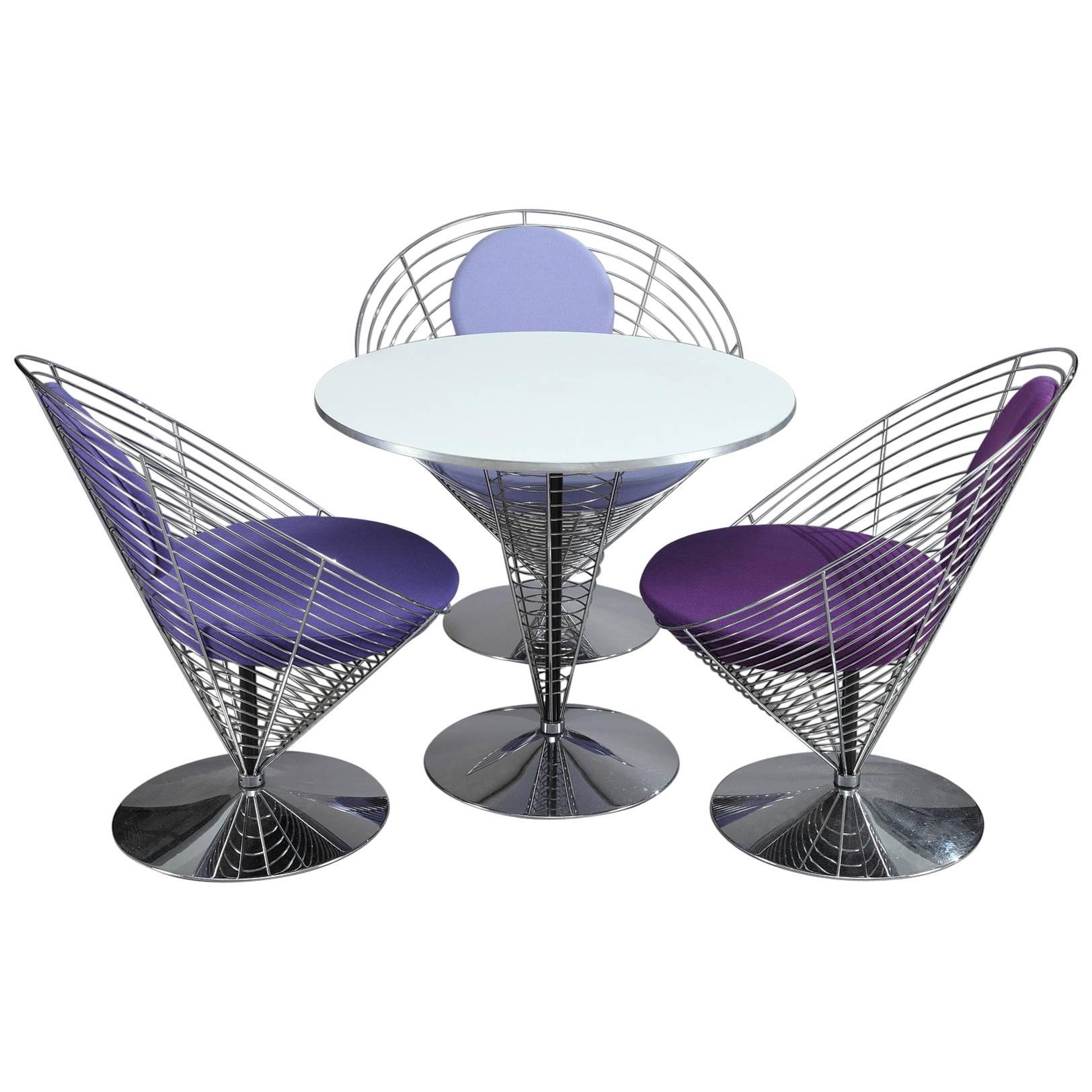 Three Wire Cone Chairs and Table Designed by Verner Panton, Late 1980s