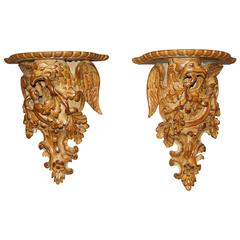 Pair of Continental Heavily Carved Fruitwood Eagle Wall Shelves