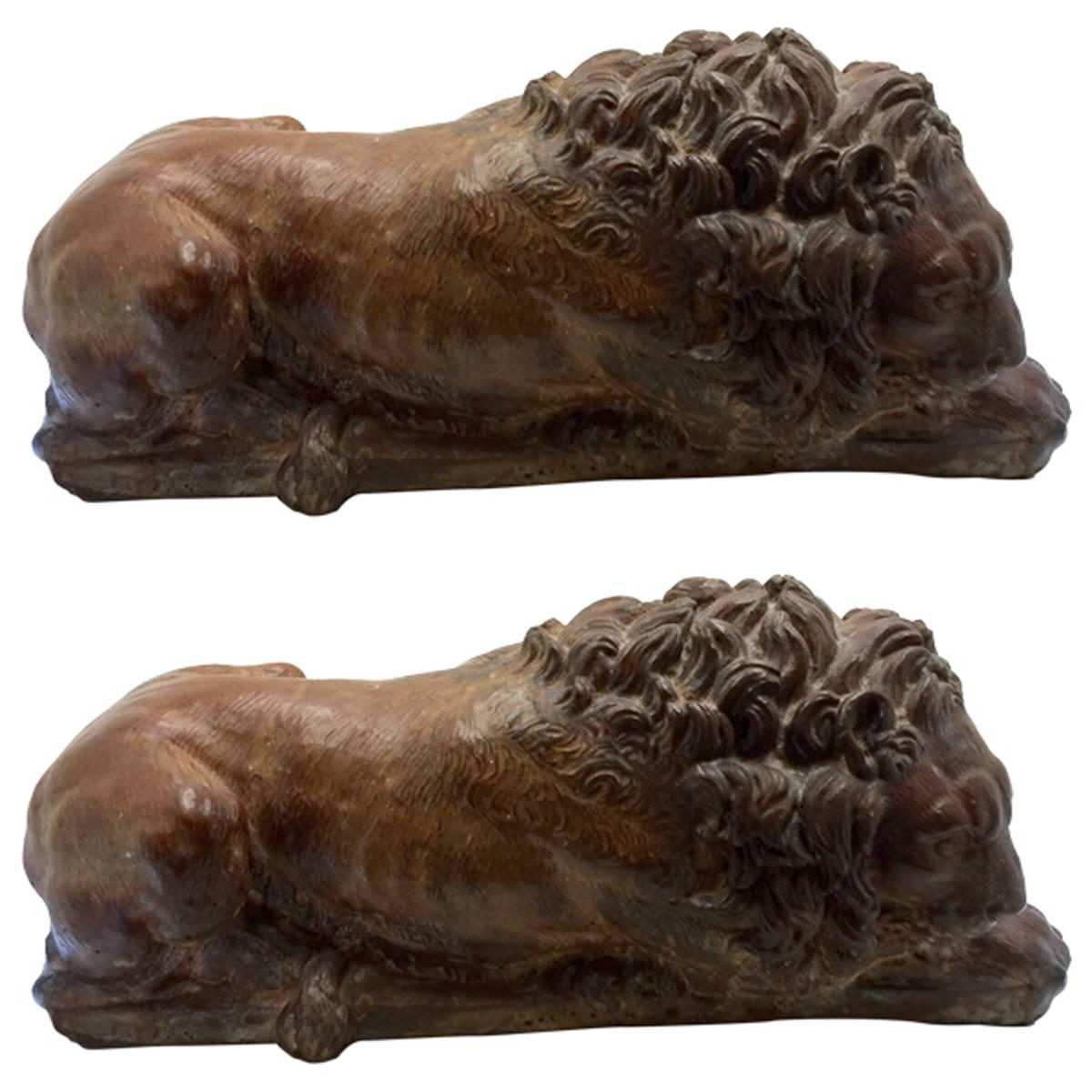 Pair of Terracotta Lions, after Canova, 19th Century