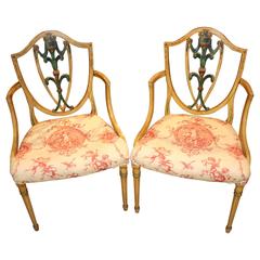Antique Pair of English Adam Style Polychrome Upholstered Armchairs