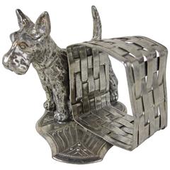 Victorian Silver Plate Fox Terrier and Woven Basket Standing Napkin Ring/ Holder