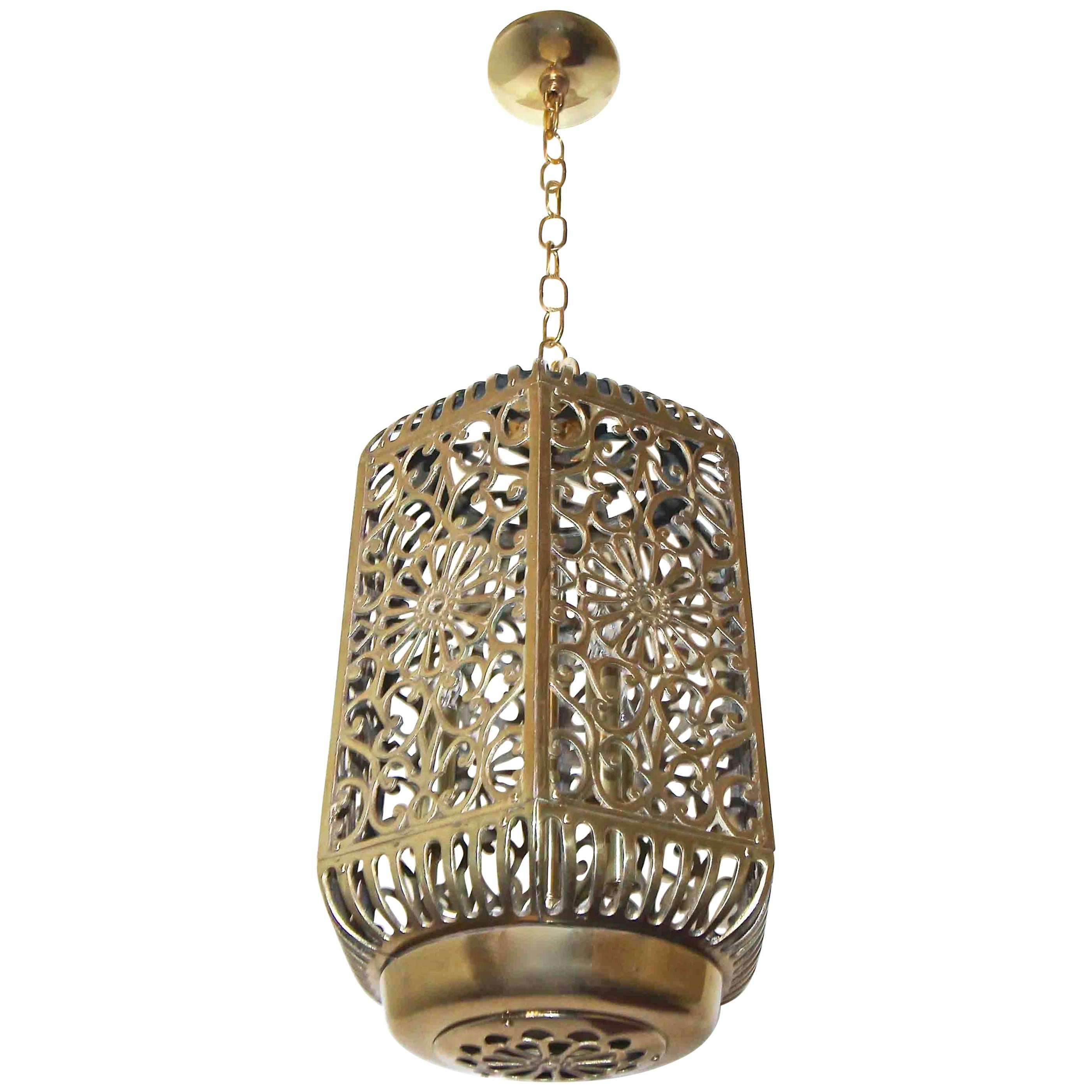 Large Pierced Filigree Brass Japanese Asian Ceiling Pendant Light For Sale