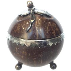 European Coconut Ball Form Box Sterling Mounts, 19th Century