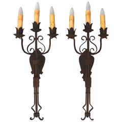 Pair of Tall Three-Light Spanish Revival Sconces