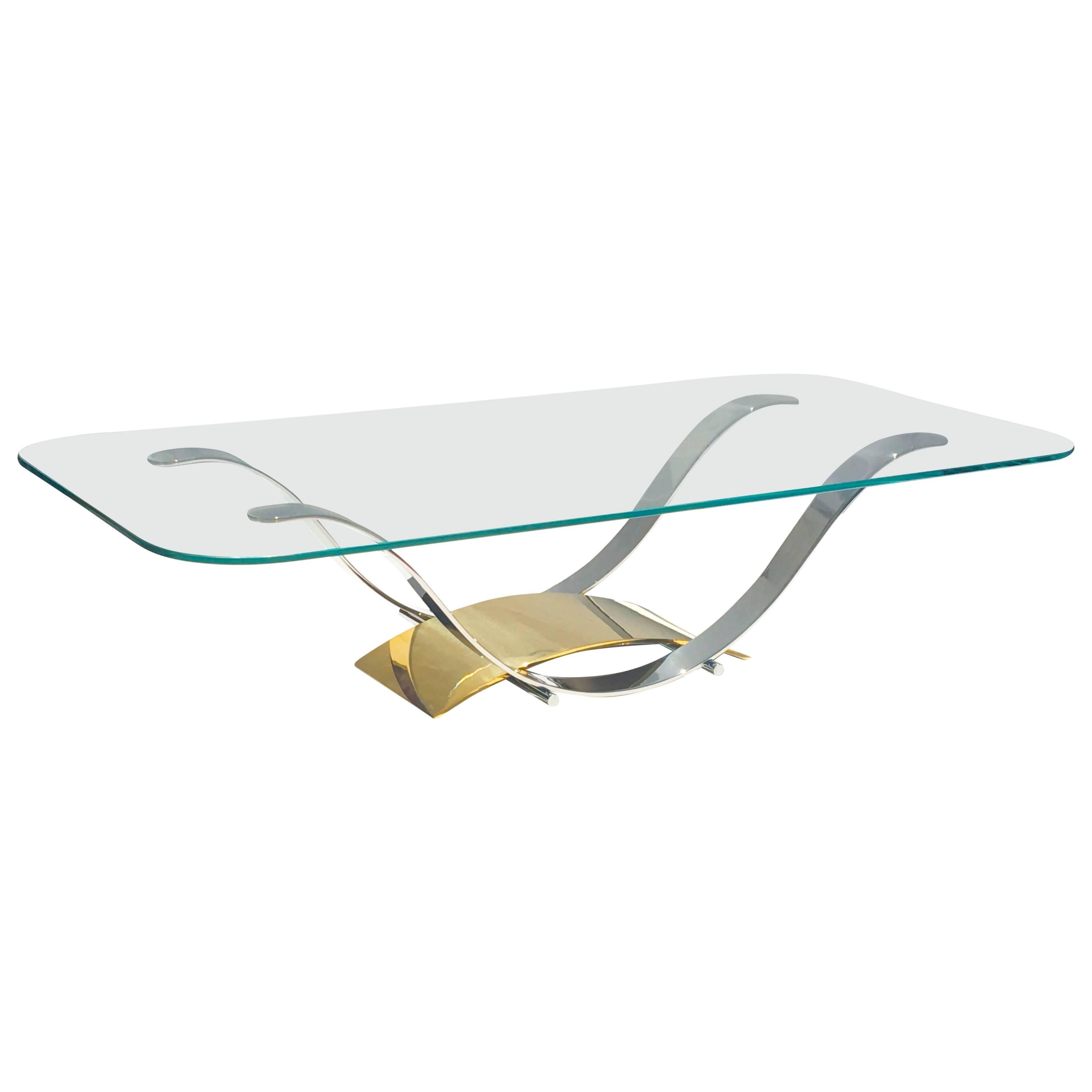 Polished Stainless Steel and Brass Cocktail Table