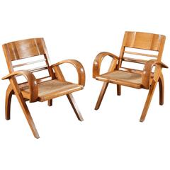 Pair of Light Wooden and Wave Armchairs of the 1980s