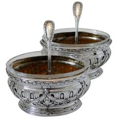 Puiforcat Top French Sterling Silver 18k Gold Salt Cellars Pair with Spoons