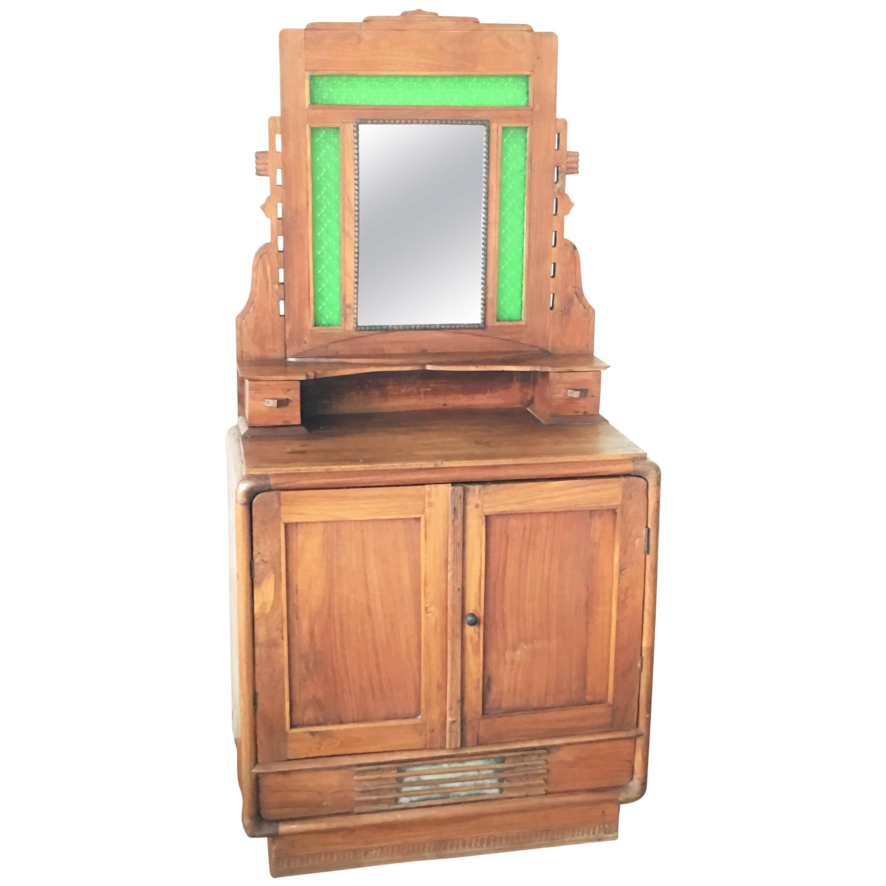 Oak Sideboard, Buffet with Mirror and Original Green Glass For Sale