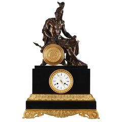 Antique Marble and Bronze Clock Representing a Hero from Marathon