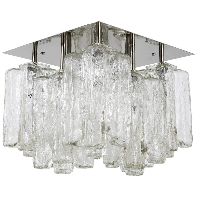Large Ice Glass Cube Brass Flush Mount Light Fixture By Kalmar Kalmar Granada Ice Glass Flush Mount Chandelier Austria 1960s