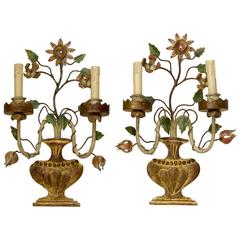 Pair of Tole Peinte Polychrome Flower Sconces, France, circa 1940s