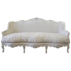 Antique Painted French Sofa in the Louis XV Style Upholstered in Belgian Linen