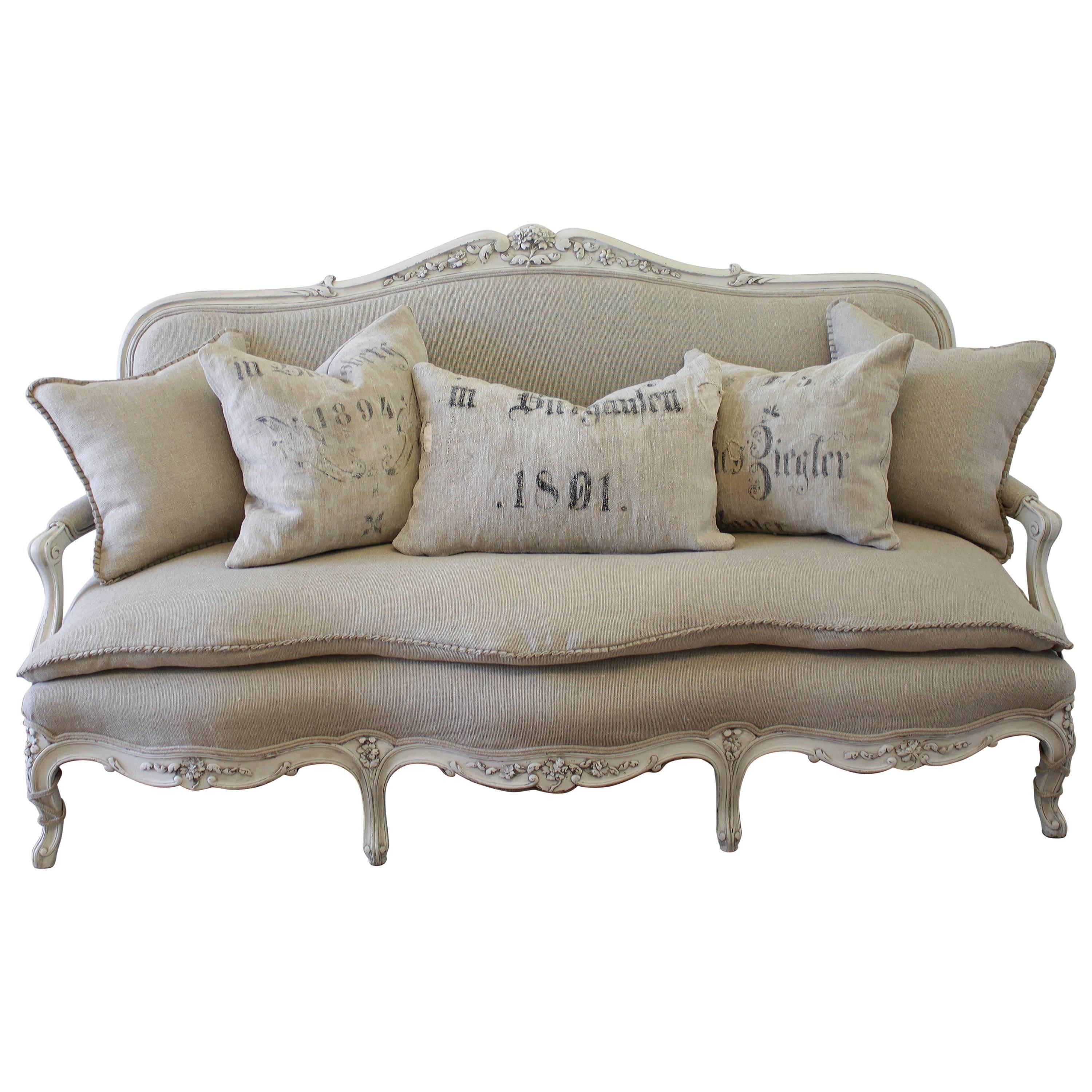Antique Painted French Country Louis XV Style Sofa Settee in Irish Linen