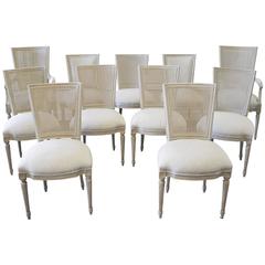 Set of 11 Painted Antique Louis XVI Style Cane and Upholstered Dining Chairs