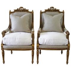 Pair of Gold Gilt French Armchairs Louis XVI Style in Belgian Linen and Down