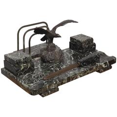 Three-Piece Marble Desk Set with Bronze Eagle, circa 1930