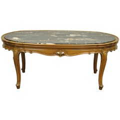 French Provincial Louis XV Country Style Oval Marble Top Walnut Coffee Table