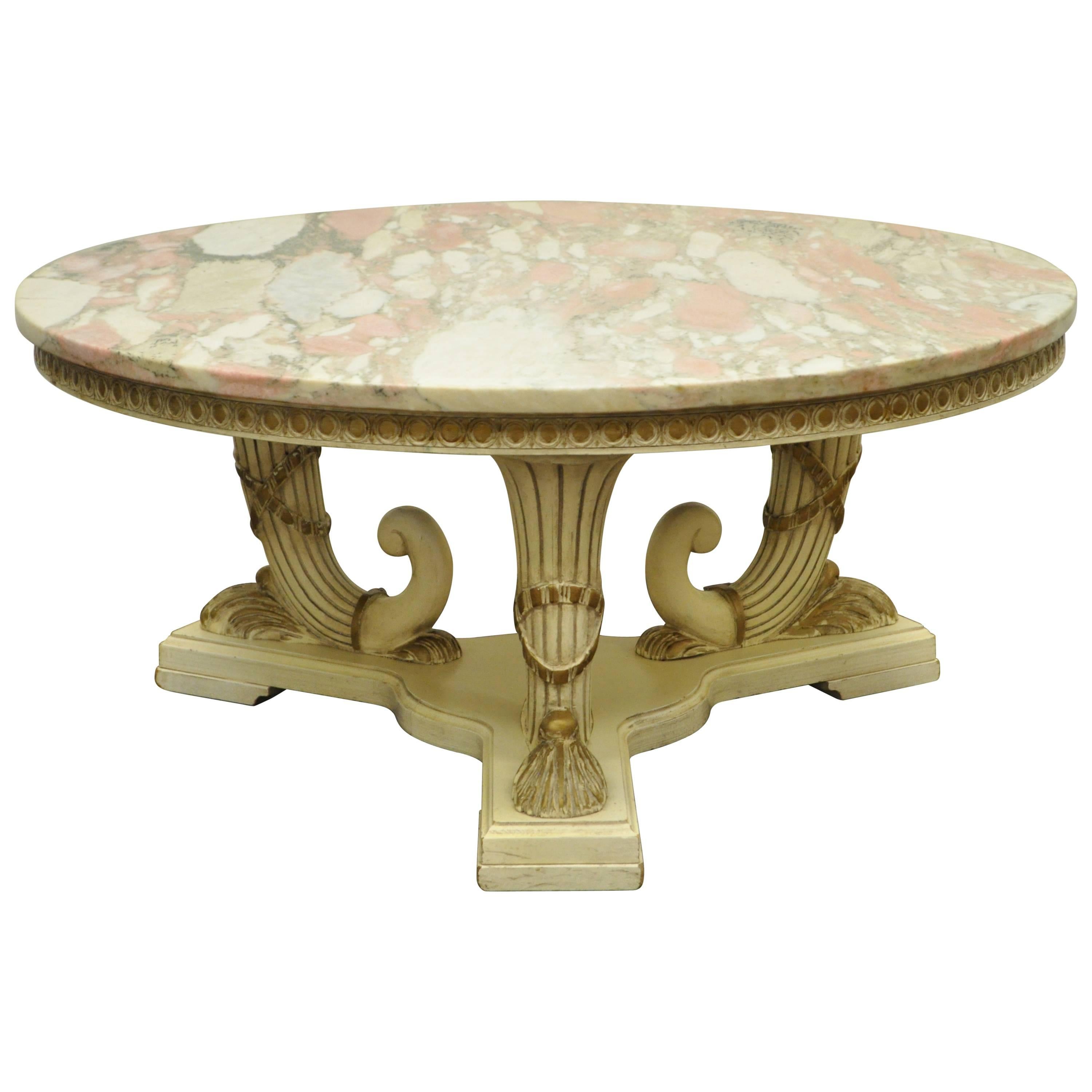 French Empire Neoclassical Cornucopia Base Round Pink Marble Top Coffee Table