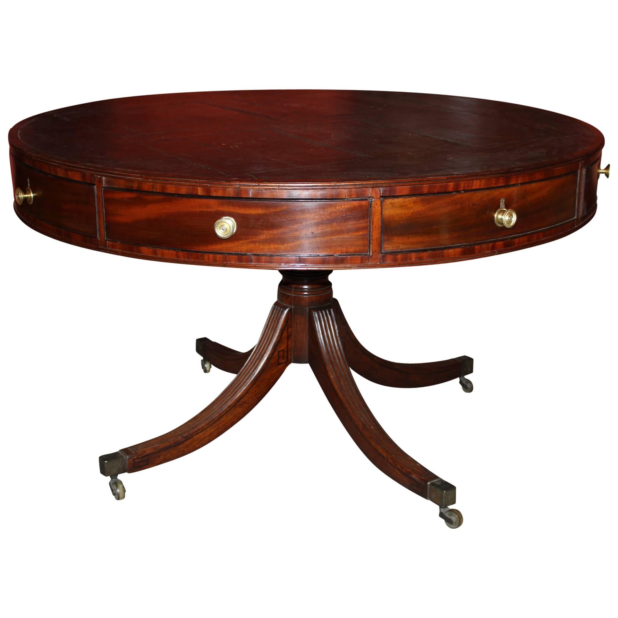 Georgian Mahogany Eight-Drawer Leather Top Drum Table, A. Solomon, circa 1780