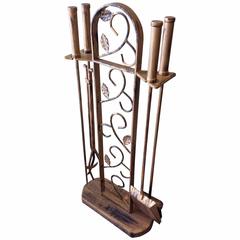 Mid-Century Five-Piece Fireplace Tool Set in Wrought Iron, circa 1960