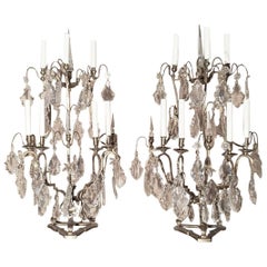 Pair of Seven-Light Bronze and Cut Crystal Candelabra Girandoles, 19th Century