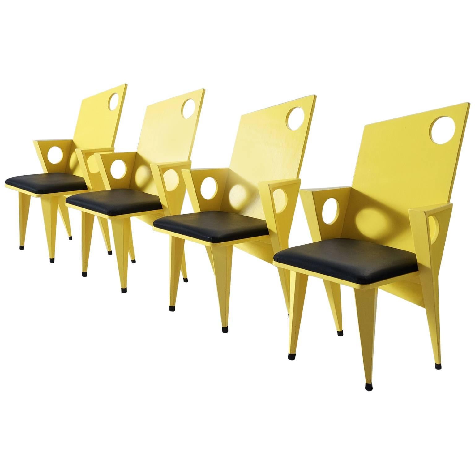 Set of Four Black and Yellow Armchairs