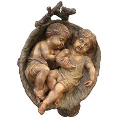 Austrian Terracotta Sculpture of Infants in Basket