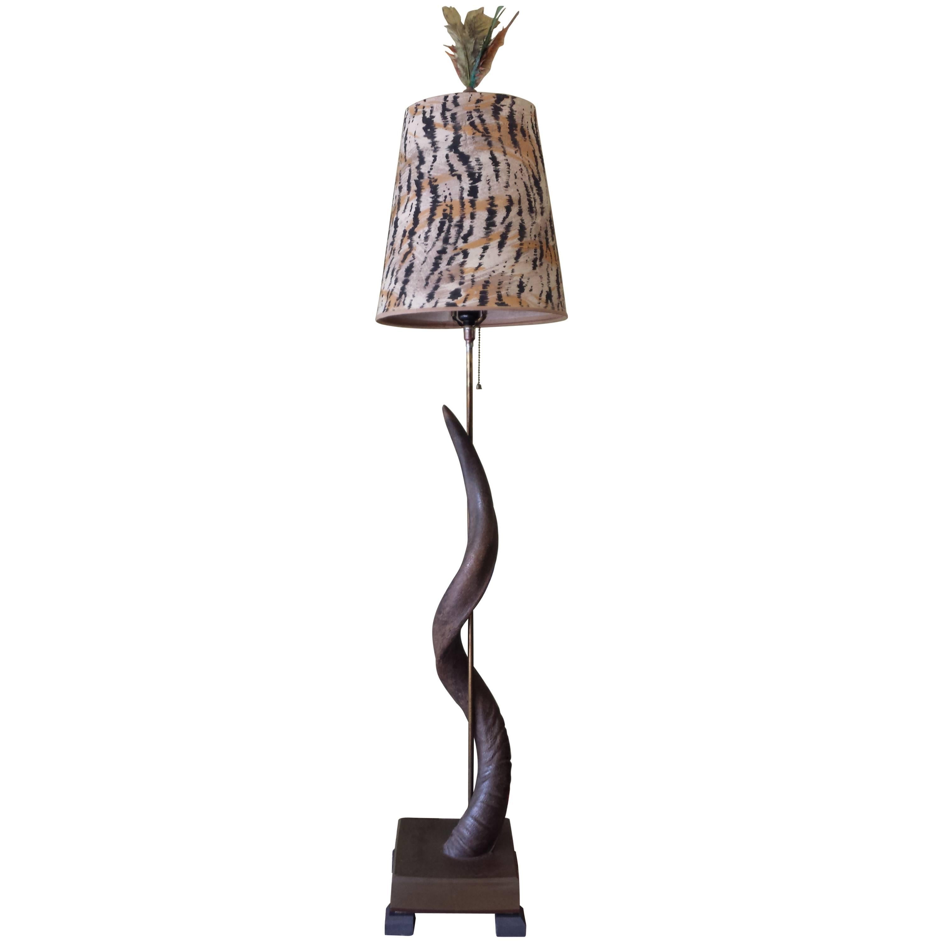 African Greater Kudu Horn Floor Lamp, Custom Lampshade & Colored Feather Finial